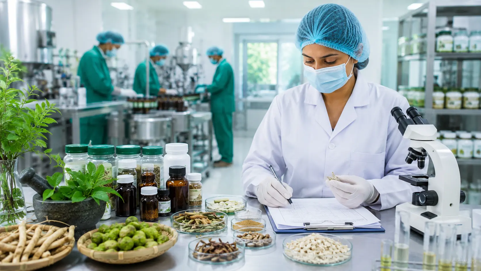 A modern Ayurvedic manufacturing facility with a quality control expert inspecting herbal ingredients and medicine samples on a laboratory table